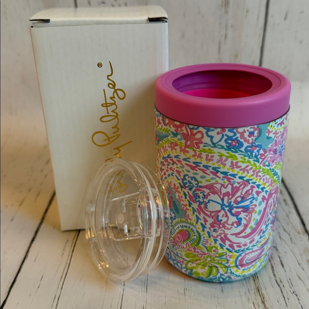 NEW in Box Lilly Pulitzer Insulated 2-in-1 Can Cooler Tumbler Flock Full of Fun